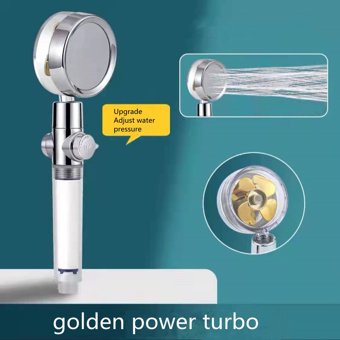 Shower Head Water Saving Flow 360 Degrees Rotating With Small Fan ABS Rain High Pressure Spray Nozzle Bathroom Accessories – Adjustable gold