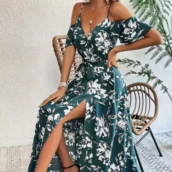 Flower Print Split Suspender Dress With Lace-up Design Summer Fashion Long Dresses Beach Clothing For Women – Dark Cyan