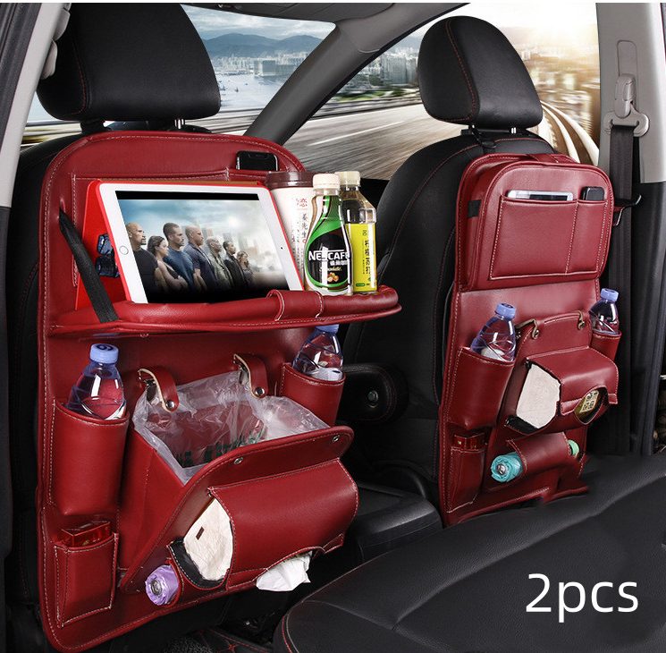 PU Leather Car Storage Bag Multifunction Seat Back Tray Hanging Bag Waterproof Car Organizer Automotive Interior Accessories – Wine red 2pcs
