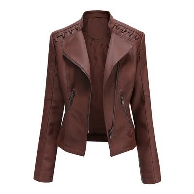 Women's Leather Jackets Women's Short Jackets Slim Thin Leather Jackets Ladies Motorcycle Suits – Coffee