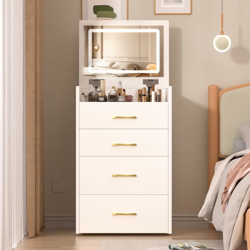 3 In 1 Vanity Desk With Open Top Mirror,Small Make Up Vanity Set With Visible Glass Desktop,Compact Makeup Vanity With 3 Drawers,Dressing Table For Bedroom – White
