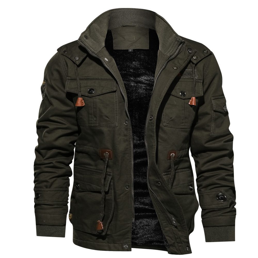 Winter Zip-up Coat Warm Thickened Detachable Hooded Jacket Multi-pocket Button Drawstring Long Sleeve Tops Men's Cargo Clothing – Army Green