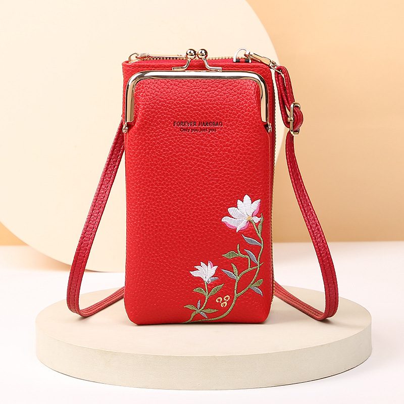 Flower Embroidery Phone Bag With Lock Buckle Outdoor Long Wallet Fashion Shoulder And Crossbody Bags – Red