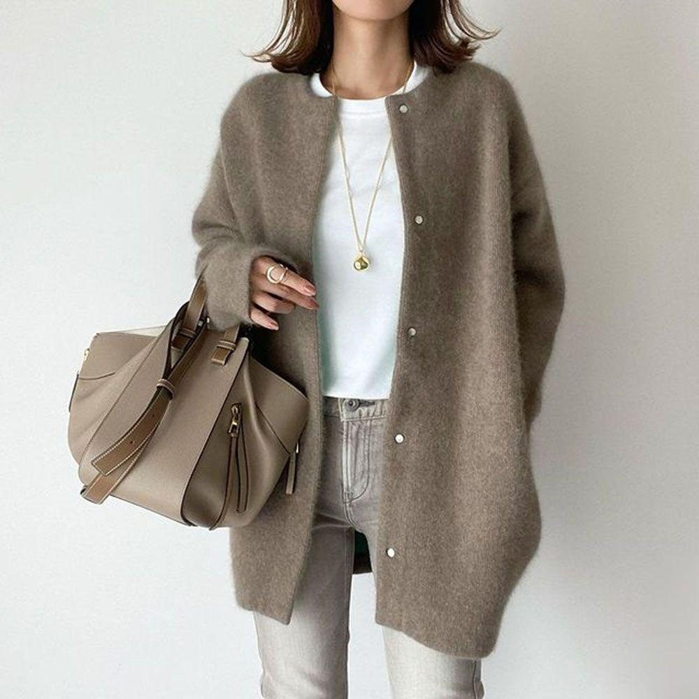 Loose Round Neck Single Breasted Cardigan Fashion Solid Color Coat Jacket Autumn And Winter Women's Clothing – Brown Knitted Material