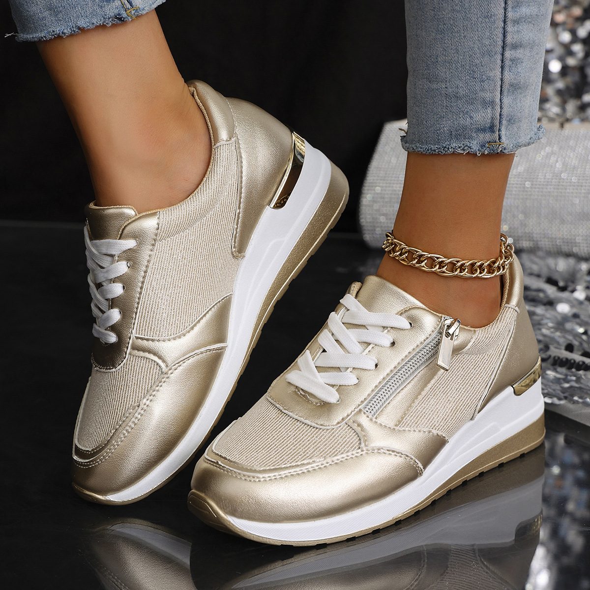 Women's Lace-up Casual Shoes FFashion Side Zipper Design Thick-soled Shoes Walking Running Sports Sneakers – Gold