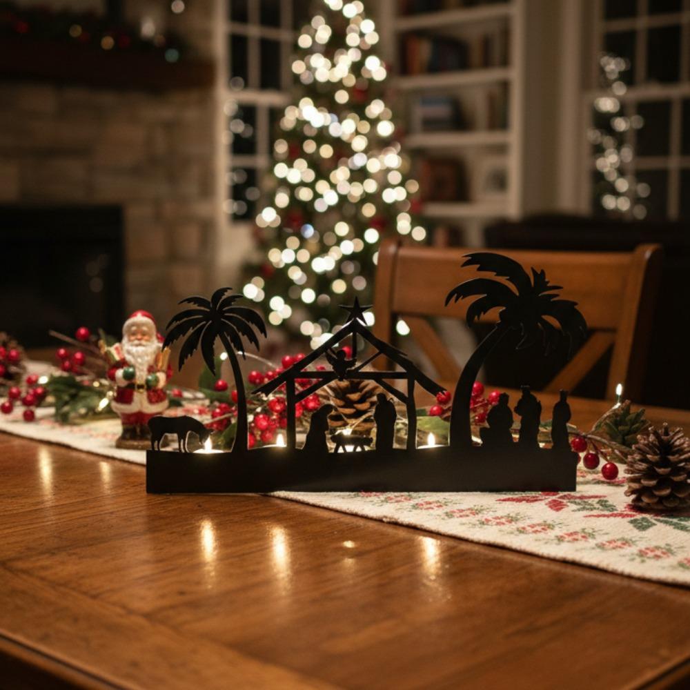 Farmhouse Rustic Advent Candle Holder Rustproof, Metal Nativity Candelabra for Mantel Table, 4-Cup Black Iron Design, Vintage Christmas Centerpiece – view 3