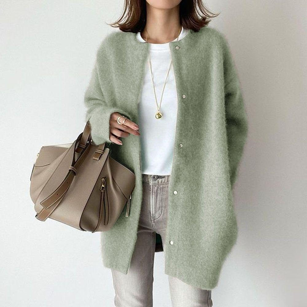Loose Round Neck Single Breasted Cardigan Fashion Solid Color Coat Jacket Autumn And Winter Women's Clothing – Light Green Knitted Material
