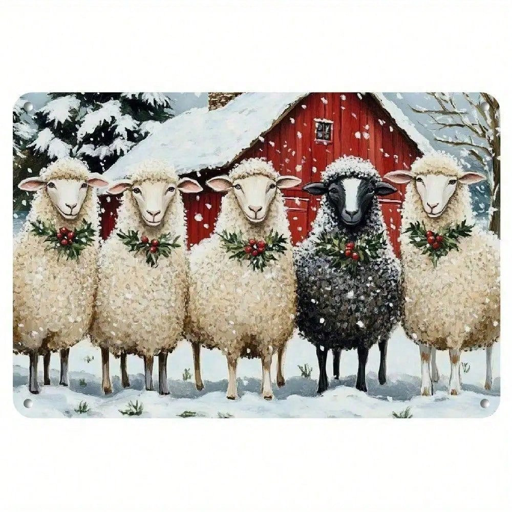 Christmas Red House Sheep Metal Iron Sign, Rustic Winter Snow Wall Decor 12x8 – view 7