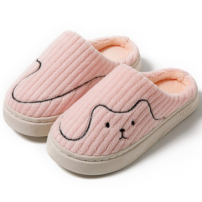 Striped Cat Slippers Indoor Couple Non-slip Floor Bedroom Slipper Winter Warm Plush House Shoes Women Men – Pink