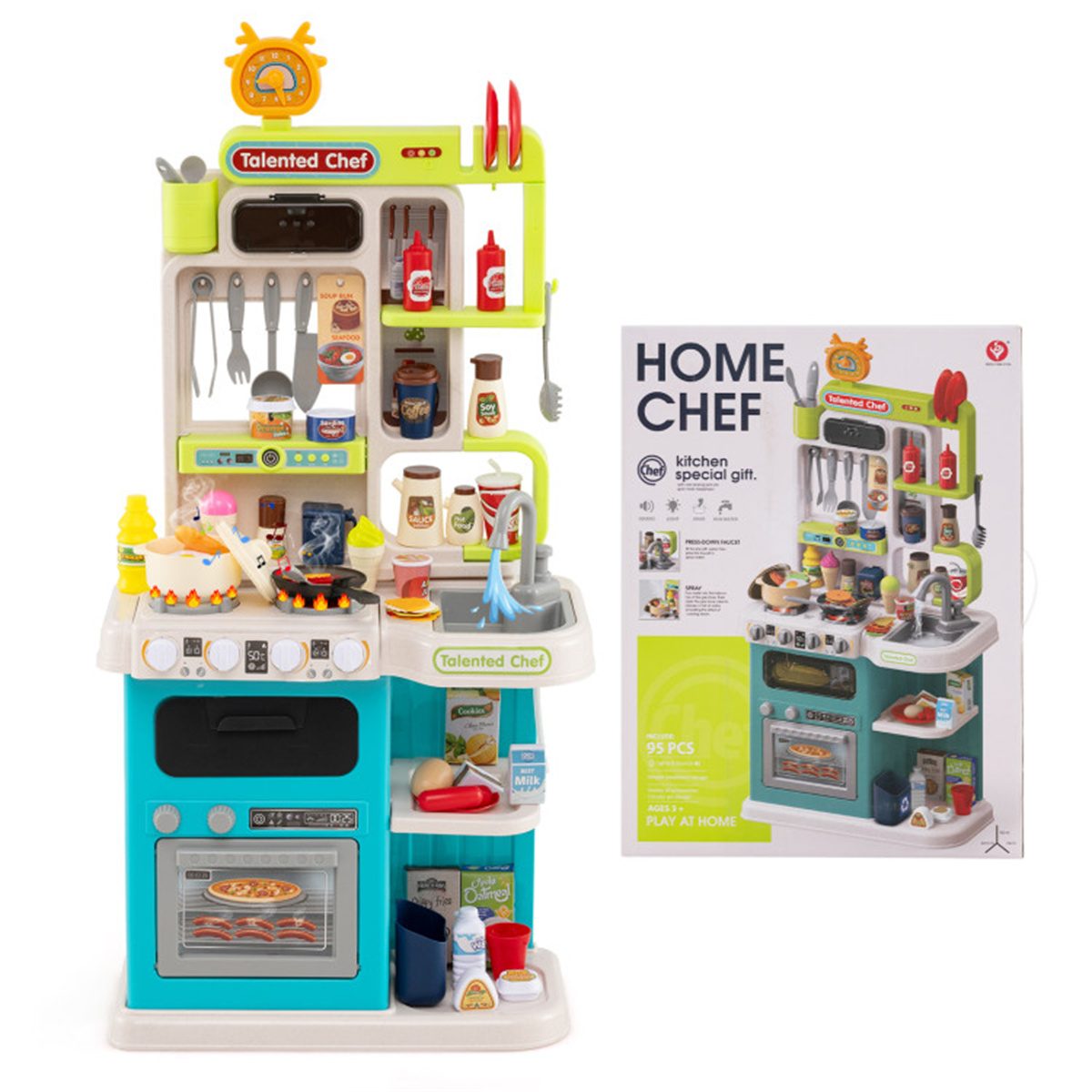 Blue Kids Corner Play Kitchen with Realistic Sounds, Lights & Steam, 95PCS Accessories Pretend Cooking Set for Ages 3+ – 66760786