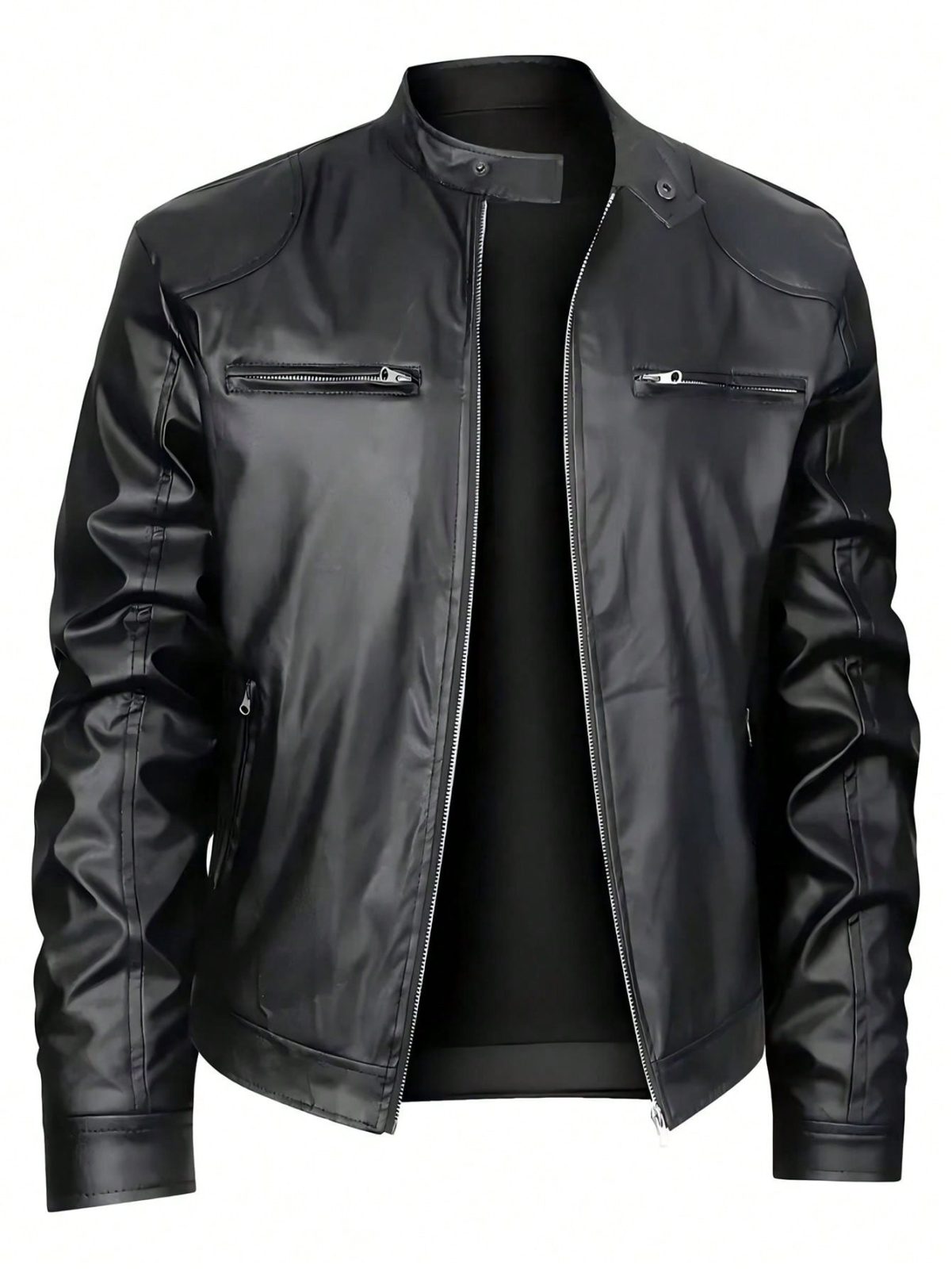 Men's Stand-up Collar Leather Jacket Business Casual Jacket – Black / M