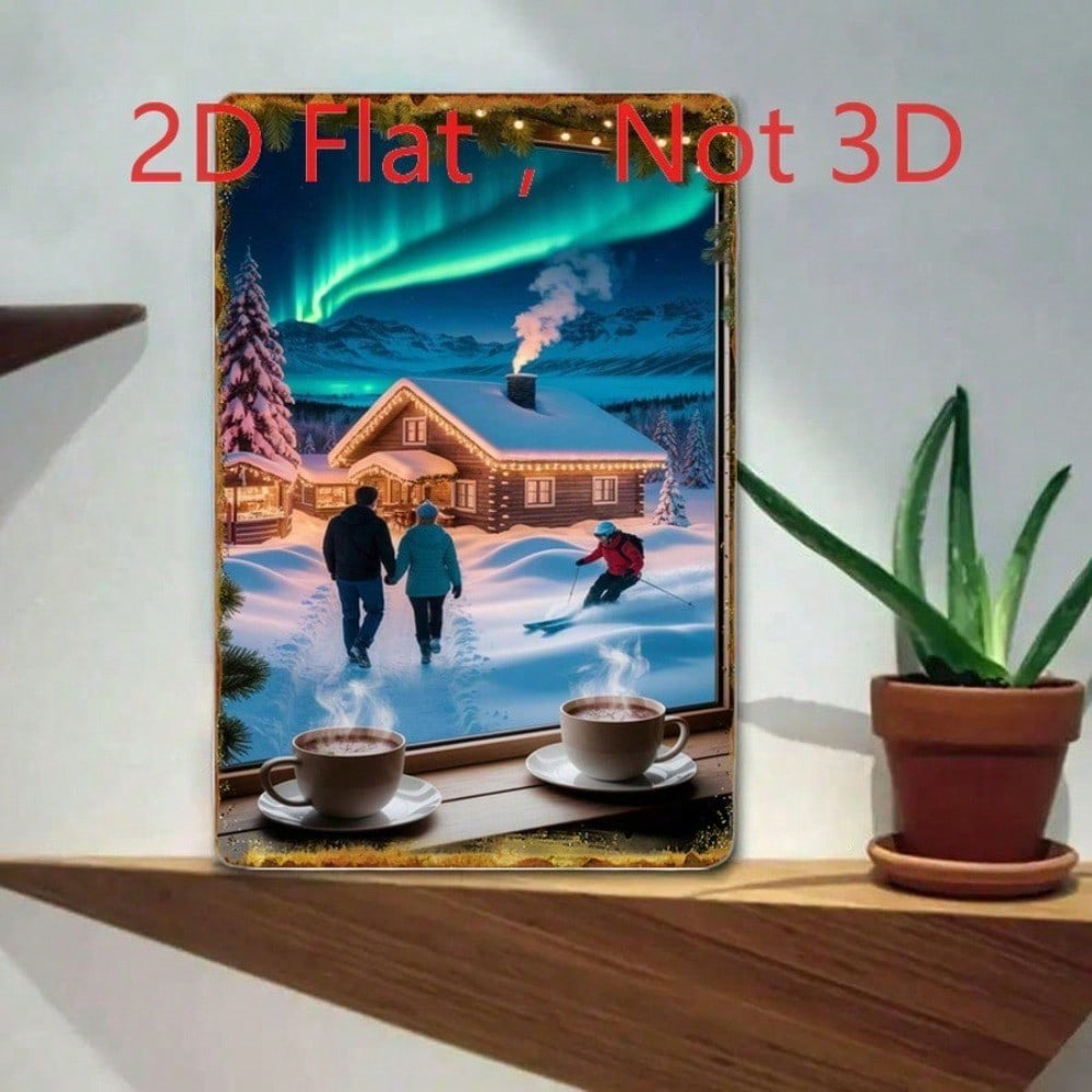 Winter Northern Lights Snow Cabin Couple Skiing Tin Sign, Tin Sign, 2D Flat Art 20x30cm – view 2