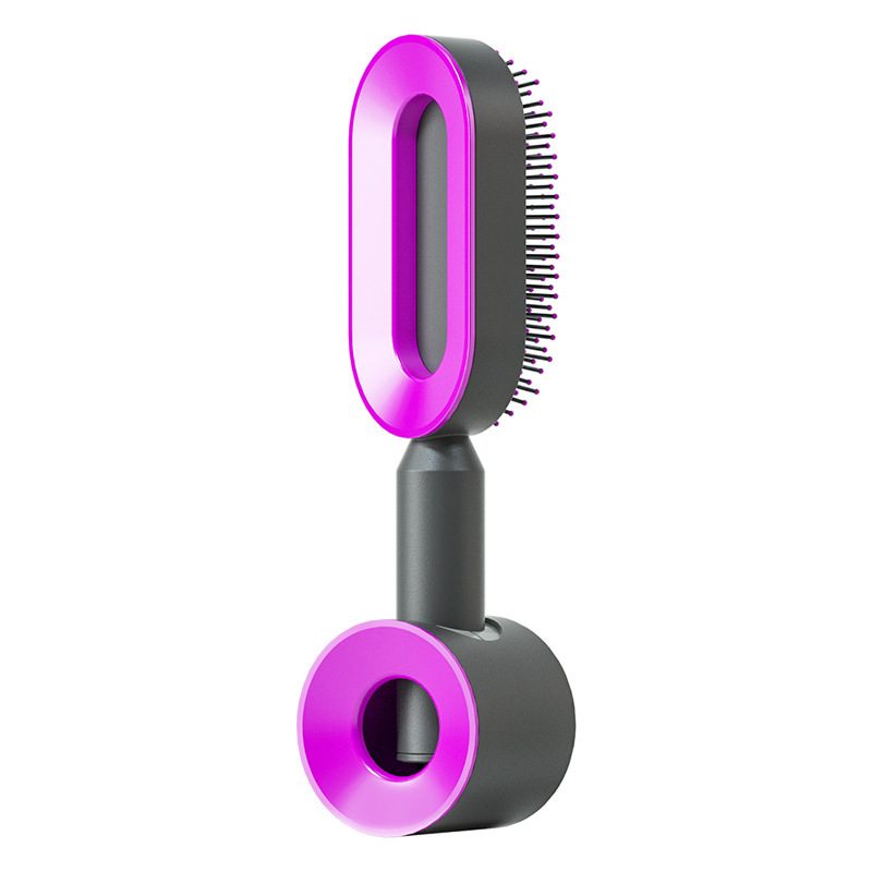 Self Cleaning Hair Brush For Women One-key Cleaning Hair Loss Airbag Massage Scalp Comb Anti-Static Hairbrush – Black purple Set