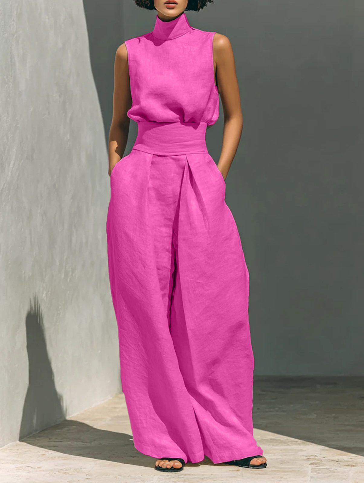 Casual Sleeveless Suit Summer Stand-up Collar Pullover Top And Loose Straight-leg Trousers Women's Clothing – Rose Red