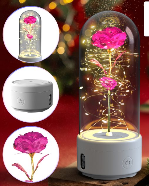Creative 2 In 1 Rose Flowers LED Light And Bluetooth-compatible Speaker Valentine's Day Gift Rose Luminous Night Light Ornament In Glass Cover – White Base Color Flower