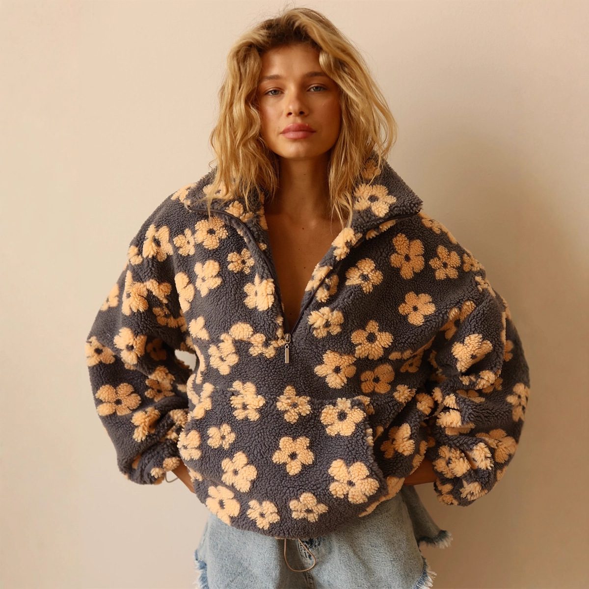 Winter Flowers Lambskin Sweatshirt With Big Pocket Casual Loose Zip-up Lapel Pullover Top Women's Clothing – view 11