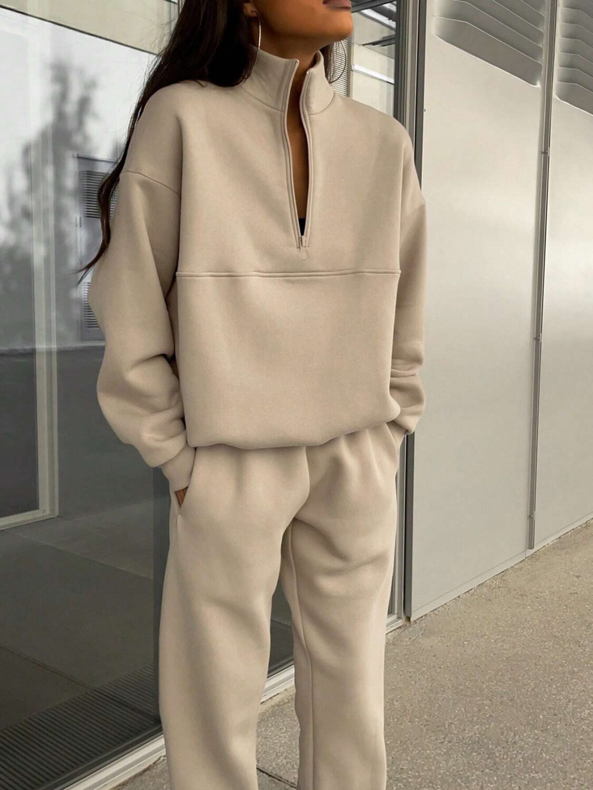 Long-sleeved Sports Sweatshirt Suit Fashion Stand-up Collar Zip-up Top And Elastic Band Trousers With Pocket Srping Fall Clothing For Women – Khaki