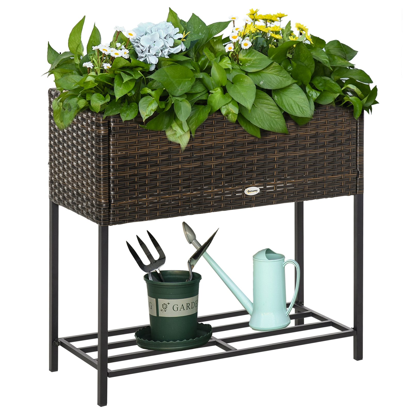 Elevated Rattan Planter Box With Tool Storage, Indoor Outdoor, 28 High – Black