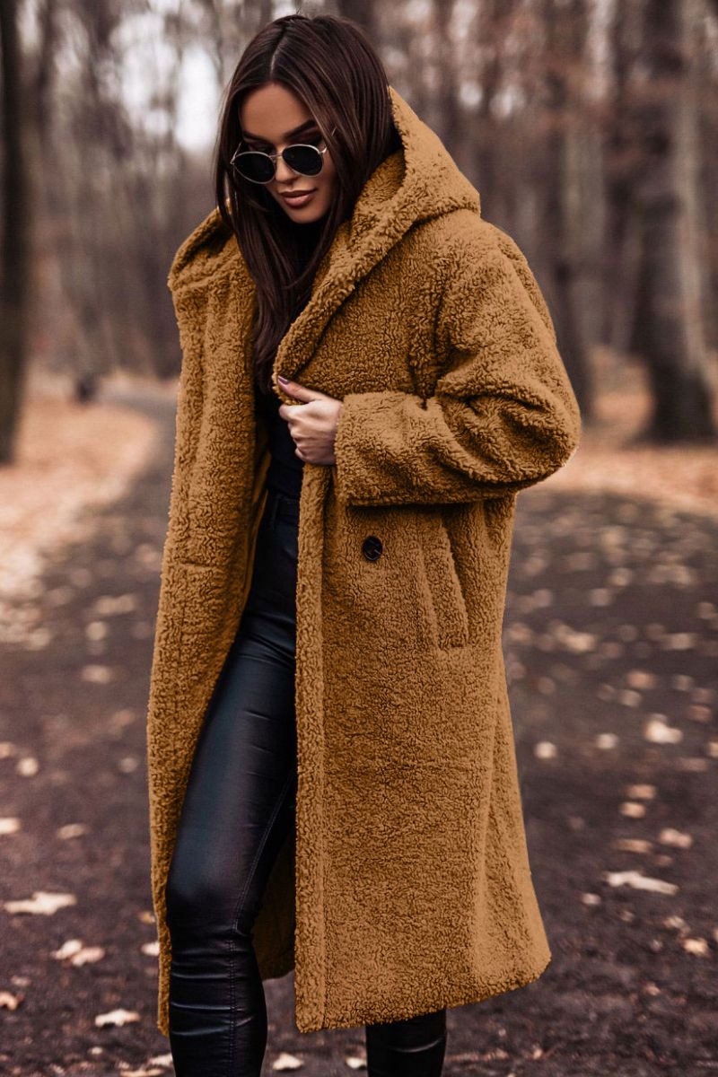 Elegant Long Coat Woman Plush Warm Faux Fleece Coat Autumn Winter Fashion Teddy Jacket Female Teddy Coat Outwear Ladies – Golden camel