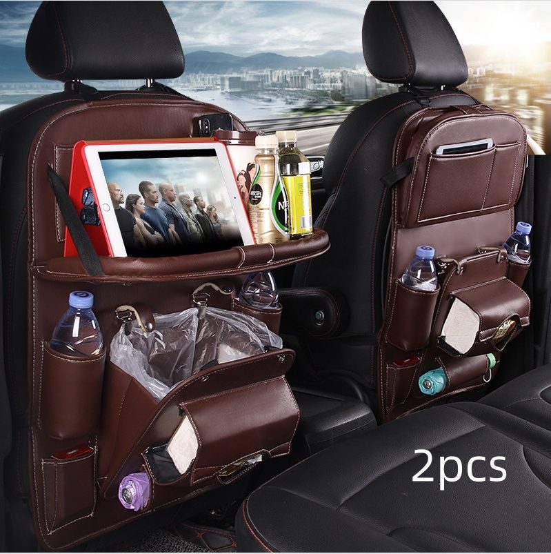 PU Leather Car Storage Bag Multifunction Seat Back Tray Hanging Bag Waterproof Car Organizer Automotive Interior Accessories – Coffee 2pcs