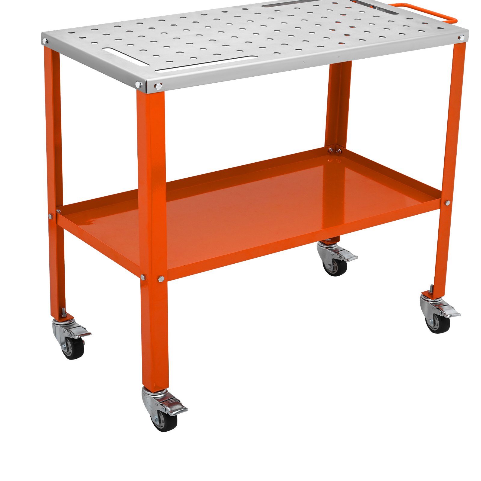 Welding Table, 1200lbs Load Capacity Steel Welding Workbench Table On Wheels, Portable Work Bench With Braking Lockable Casters, 4 Tool Slots – Orange