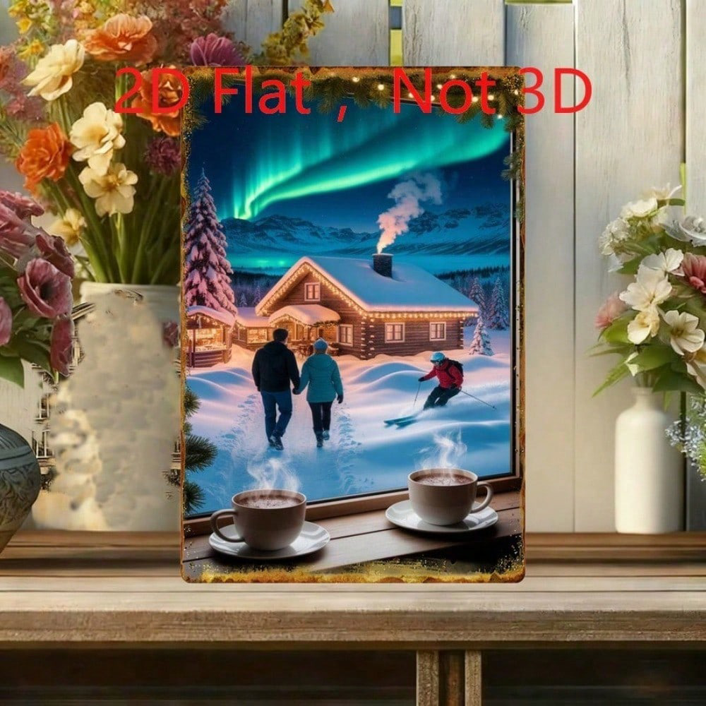 Winter Northern Lights Snow Cabin Couple Skiing Tin Sign, Tin Sign, 2D Flat Art 20x30cm – view 7