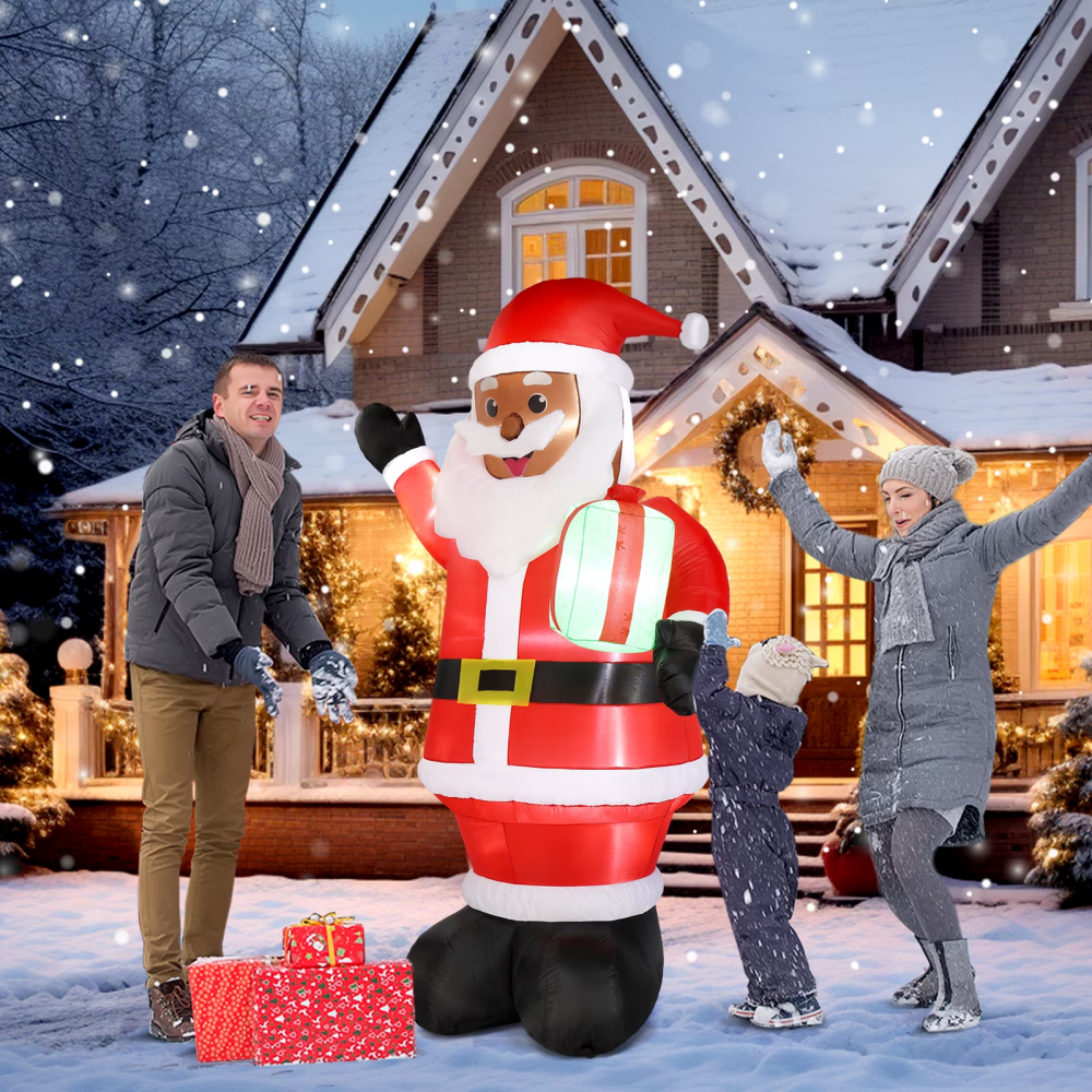 7 FT Lighted Black Santa Inflatable, Holding Gift, Blow Up Yard Decor With Built-in LED Lights – view 2