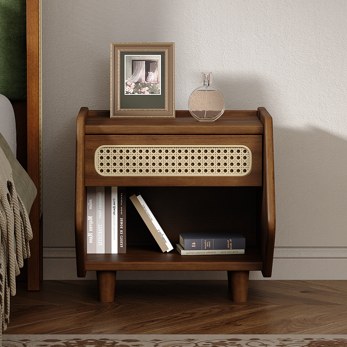 Walnut Nightstand With Rattan Detail, MDF Solid Wood, Modern Bedroom Storage, Open Shelf & Drawer, Indoor Furniture – Walnut