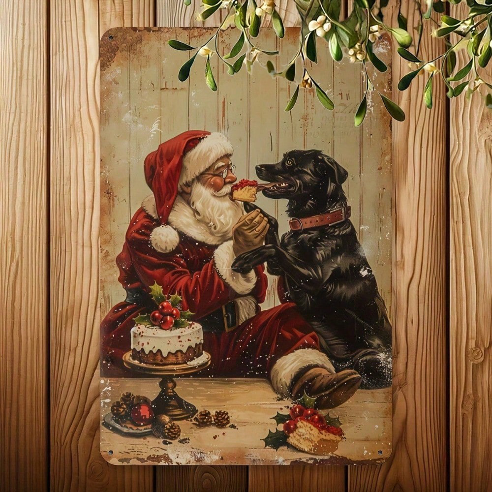 Vintage Santa Claus And Puppy Metal Tin Sign, Sign, Retro Christmas Wall Decor 8x12 – view 2