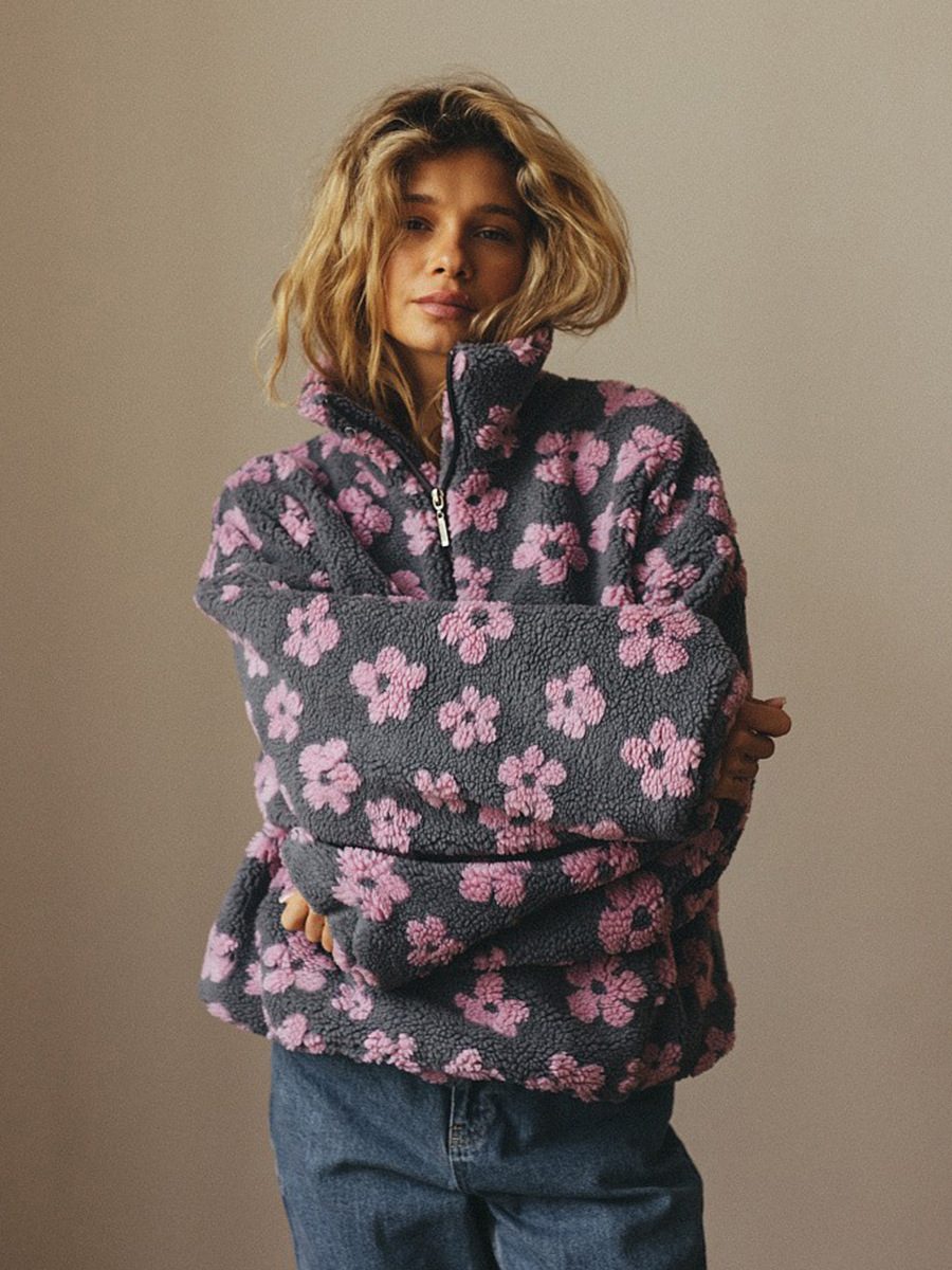 Winter Flowers Lambskin Sweatshirt With Big Pocket Casual Loose Zip-up Lapel Pullover Top Women's Clothing – Pink