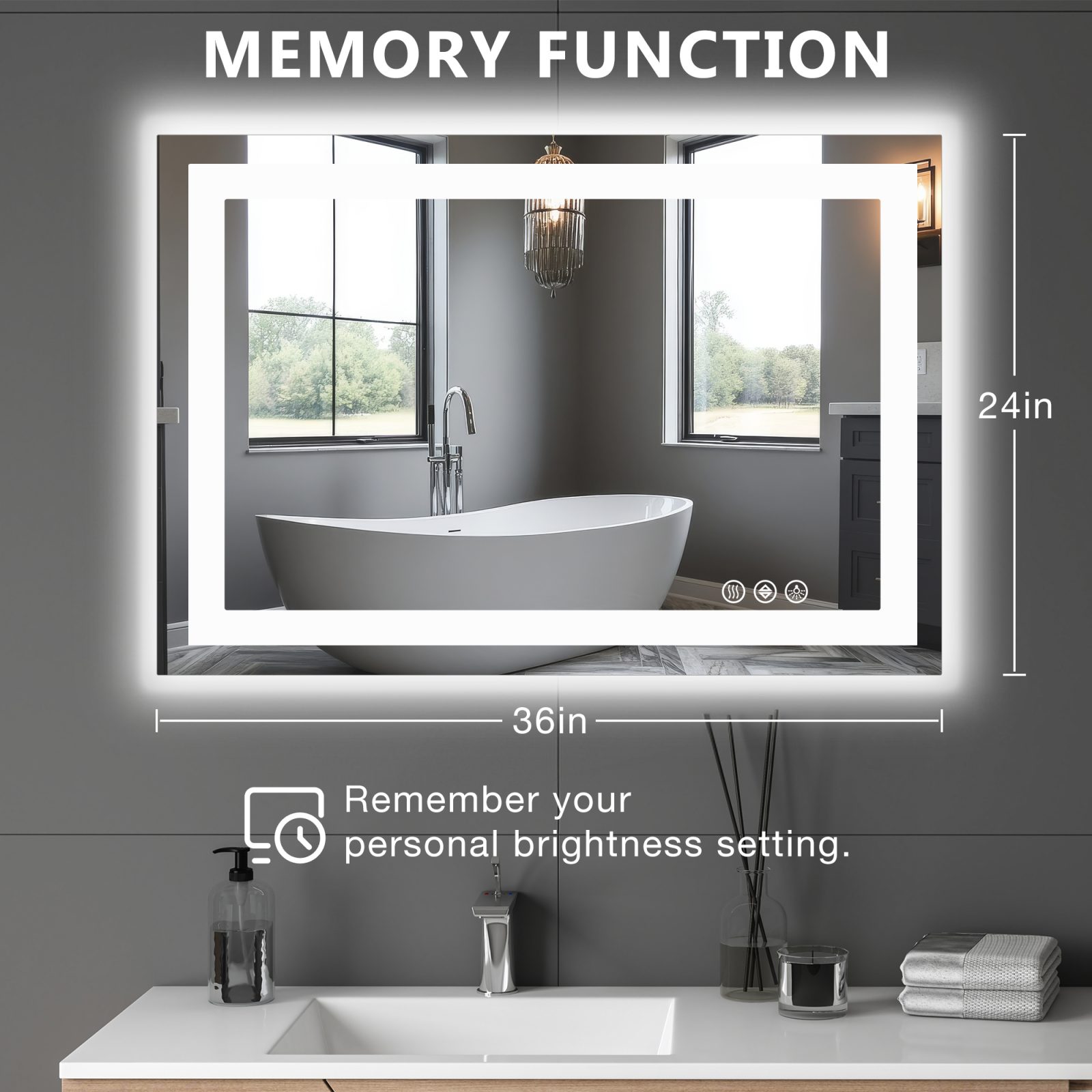 Anti-fog LED Bathroom Mirror With Dual Light Source And Three Lighting Modes – 24x36