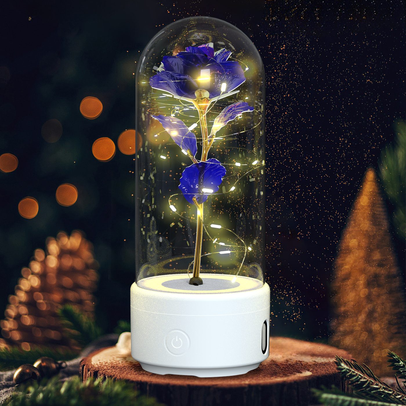 Creative 2 In 1 Rose Flowers LED Light And Bluetooth-compatible Speaker Valentine's Day Gift Rose Luminous Night Light Ornament In Glass Cover – White Base Purple Flower