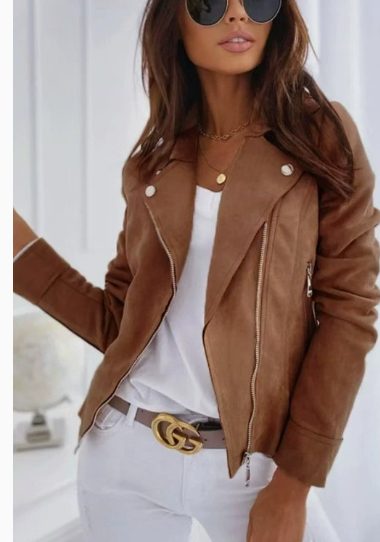 Zip-up Lapel Jacket With Pockets Ins Fashion Long Sleeve Short Tops Women's Clothing – Brown