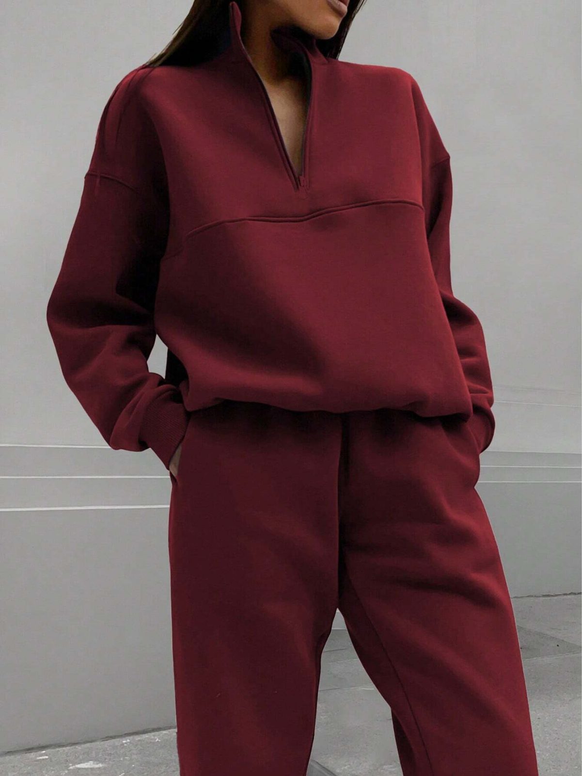 Long-sleeved Sports Sweatshirt Suit Fashion Stand-up Collar Zip-up Top And Elastic Band Trousers With Pocket Srping Fall Clothing For Women – Wine Red