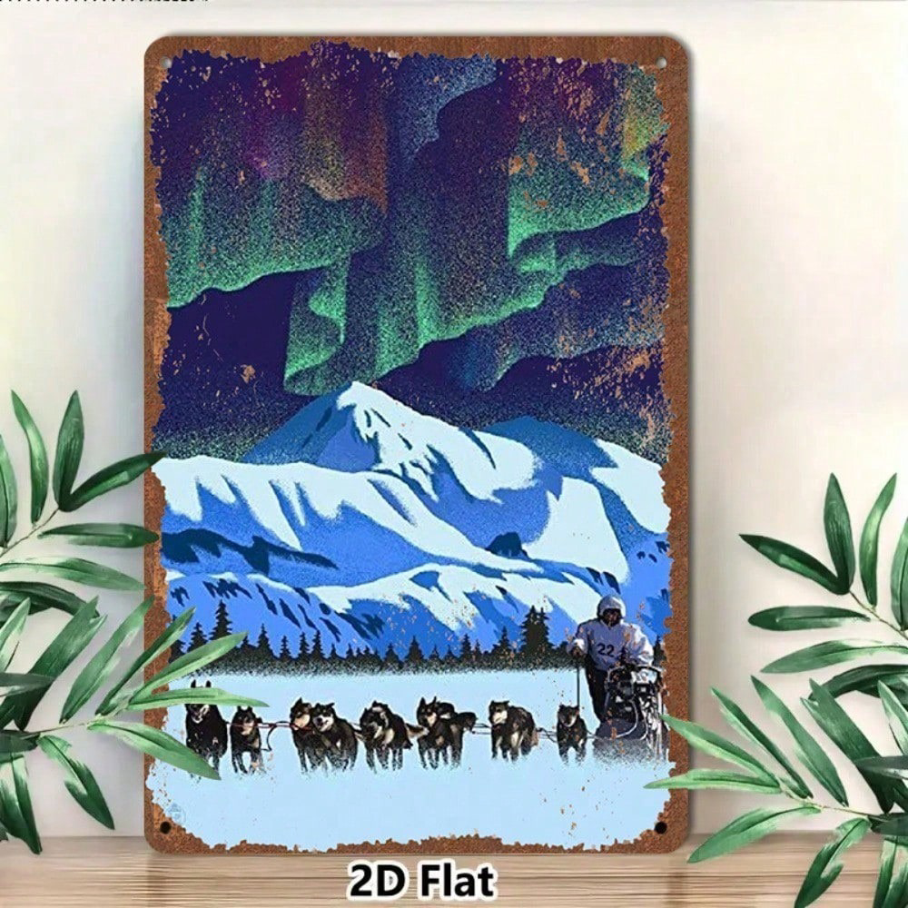 1pc Vintage Metal Tin Sign, Sign, 2D Flat Sled Dogs Under Aurora Northern Lights, Lights Pattern 8x12in Winter Forest Christmas, Wall Plaque Re – Y