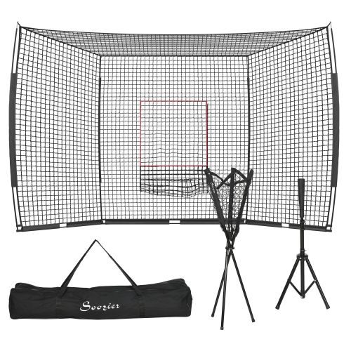 Soozier 17X 5.5Baseball Net With Strike Zone, Tee, Caddy, And Carry Bag For Pitching And Hitting, Portable Extra Large Softball And Baseball Training Equipment – Black