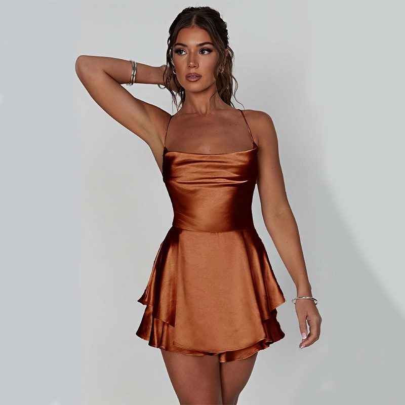 Sexy Suspender Skirt For Women Elegant Slim Strap Satin Backless Lace Up A-Line Short Dress Lady – Brown
