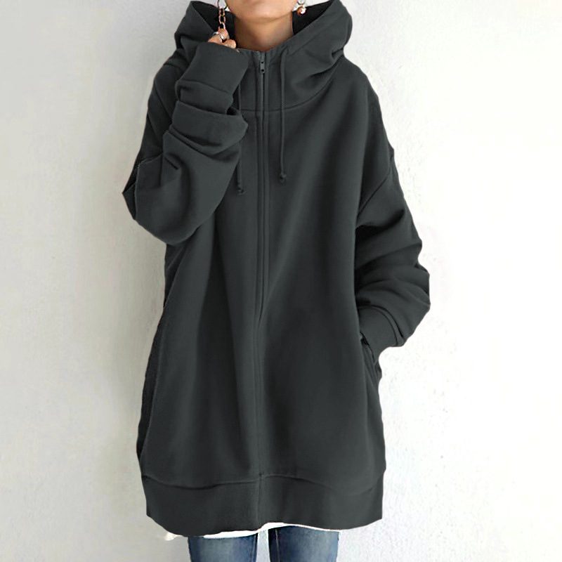 Oversized S-5XL Women Loose Hooded Coats Autumn Female Tie Collar Long Sleeve Zipper Up Add Velvet Long Sweatshirt – Dark Grey