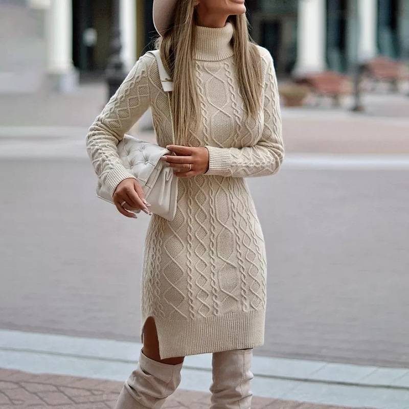 Fashion Turtleneck Knitted Dress With Slit Design Winter Warm Solid Color Pullover Long Sweater Women's Clothing – Beige