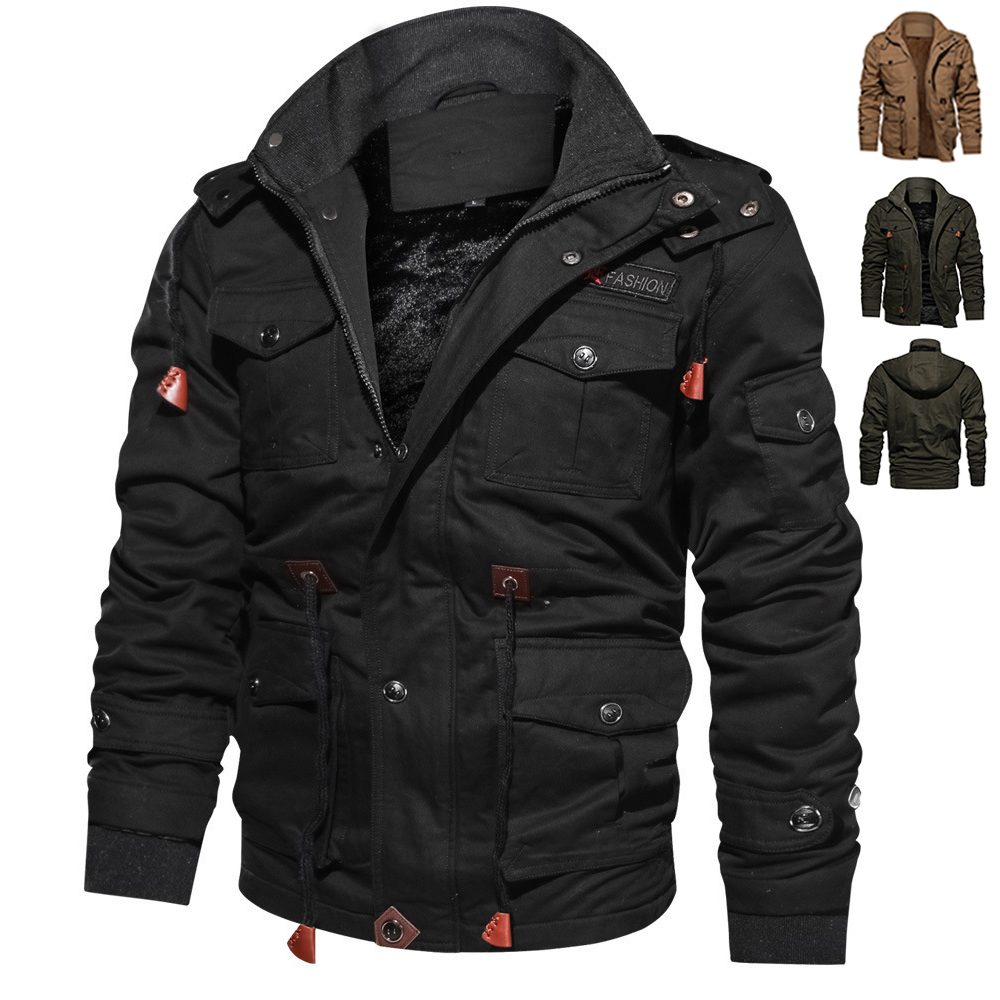 Winter Zip-up Coat Warm Thickened Detachable Hooded Jacket Multi-pocket Button Drawstring Long Sleeve Tops Men's Cargo Clothing – view 12