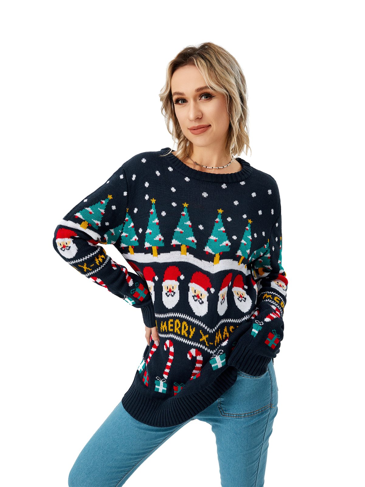Women's Christmas Sweater Pullover Knitted Jumper Long Sleeve Crew Neck Sweater Shirt – Dark blue
