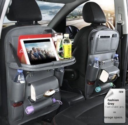 PU Leather Car Storage Bag Multifunction Seat Back Tray Hanging Bag Waterproof Car Organizer Automotive Interior Accessories – Grey