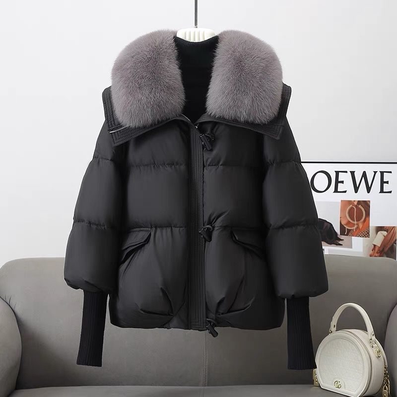 Down Cotton-padded Jacket Women's Short Fur Collar Thickened Coat Winter Clothing – Black