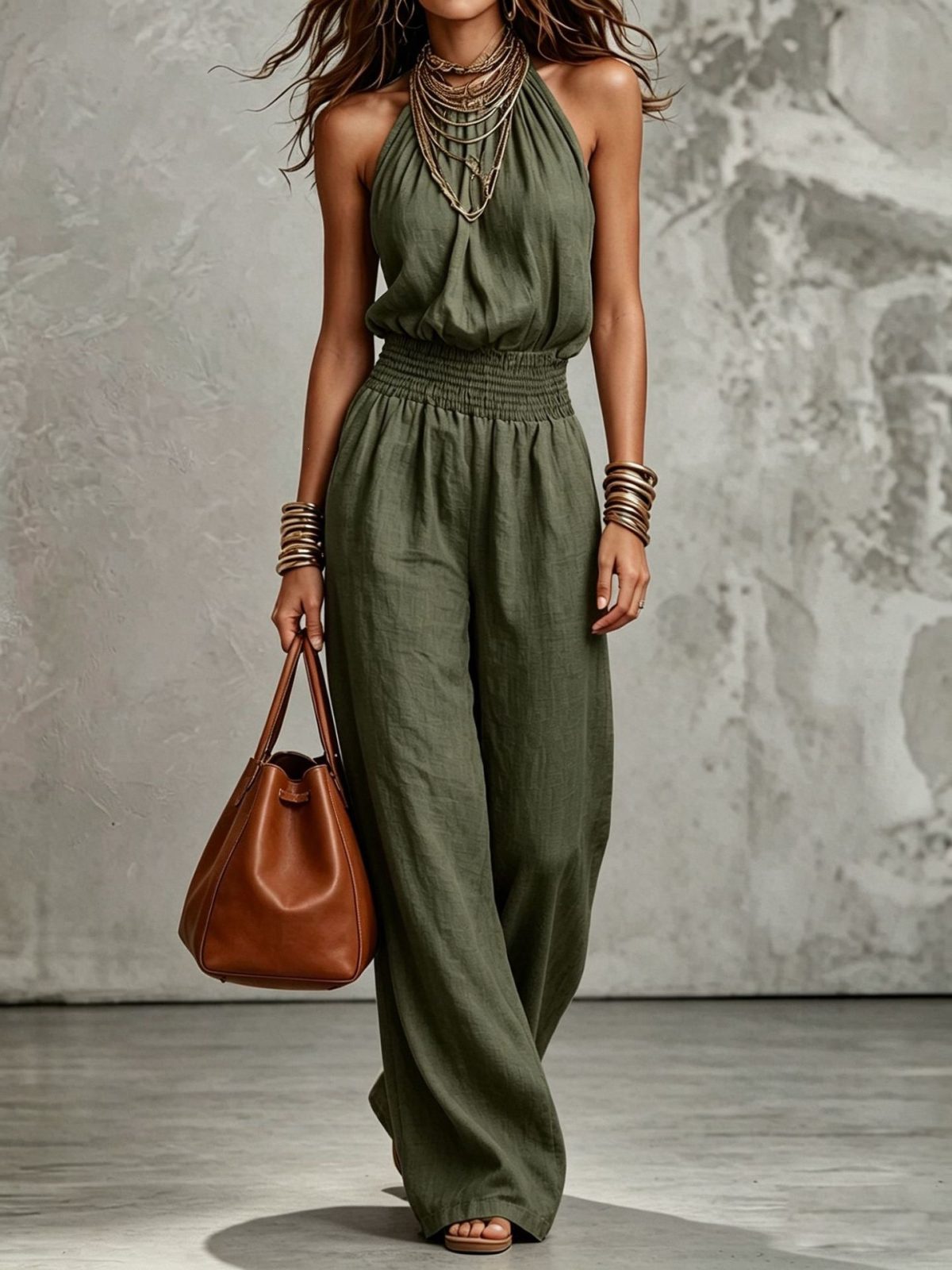 Womens Sleeveless Jumpsuit Backless Lace-up Halter Overall Pants Wide-leg Straight Onesie Trousers – Army Green