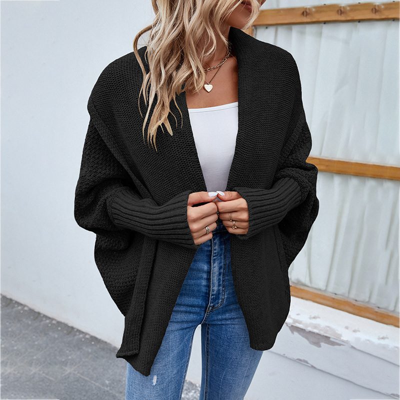 New Loose Knitted Sweater Solid Color Bat Sleeve Large Lapel Cardigan Autumn And Winter Fashion Jacket For Women Clothing – Black