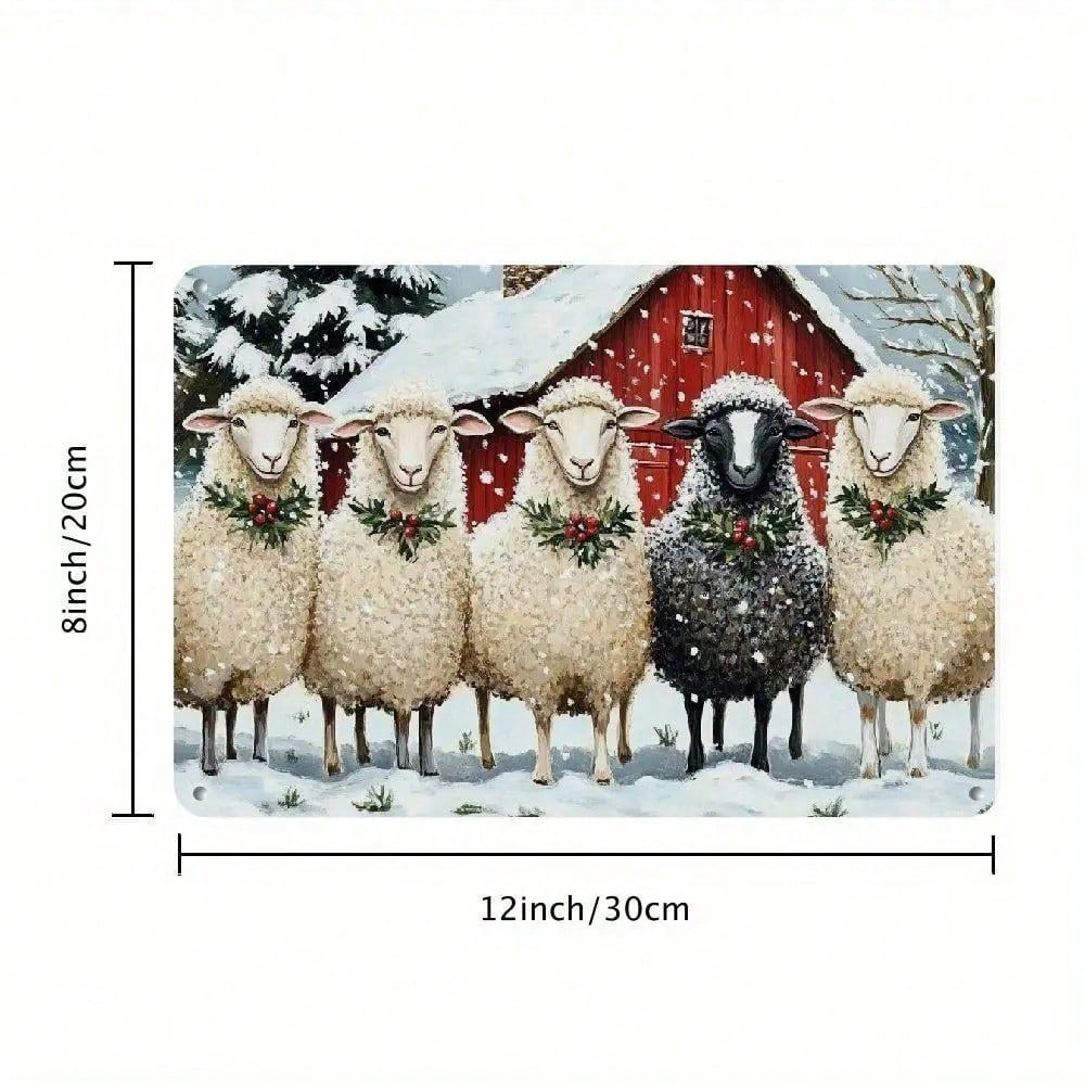 Christmas Red House Sheep Metal Iron Sign, Rustic Winter Snow Wall Decor 12x8 – view 2