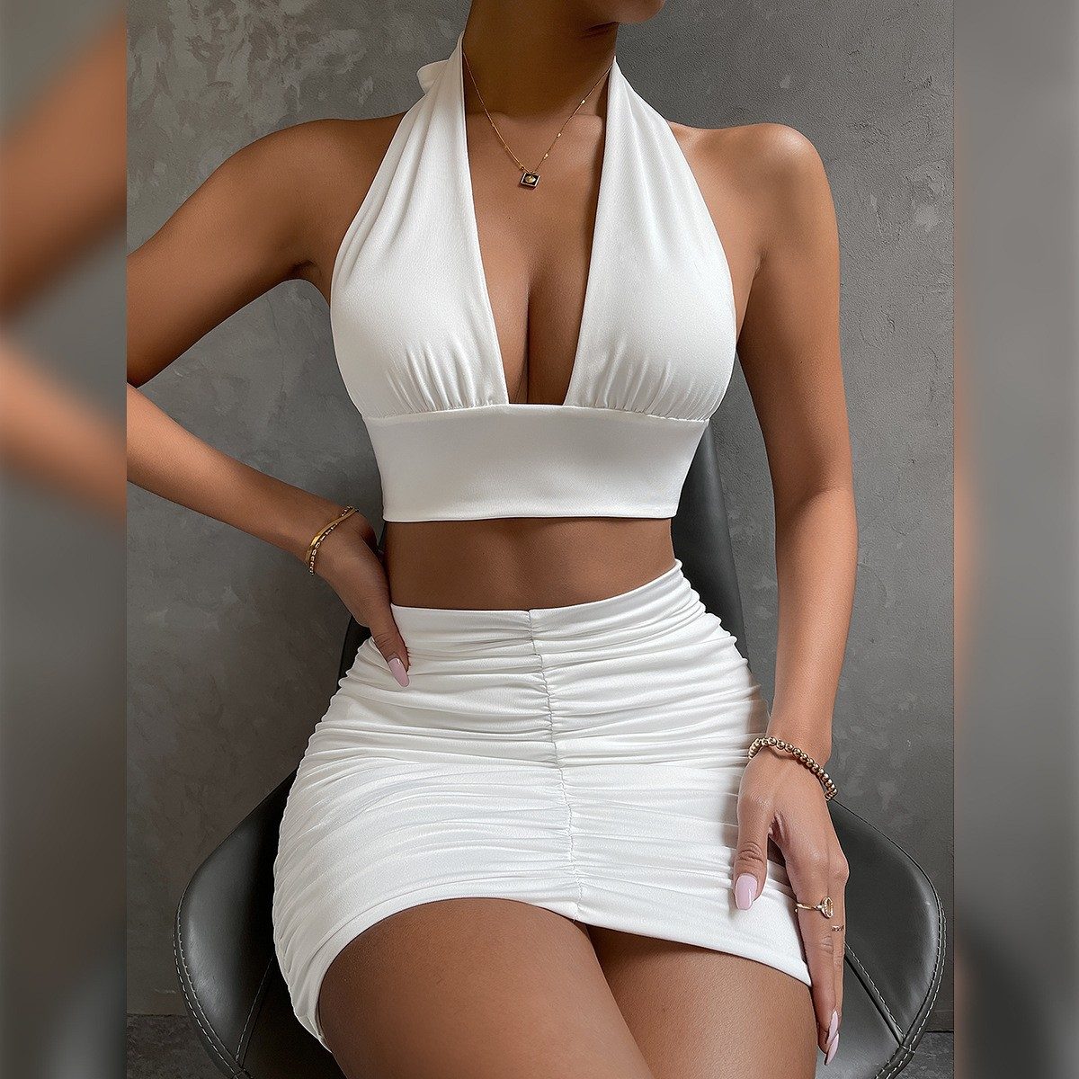 2pcs Dress Suits For Women Halter Lace-up Hip Top And Pleated Hip-covering Skirt – White