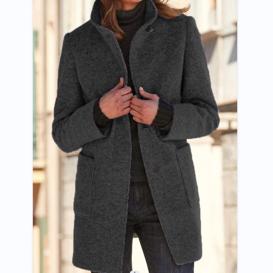 Fashion Stand Collar Woolen Coat With Pockets Fall Winter Casual Button Outwear For Women Clothing – Black flowers