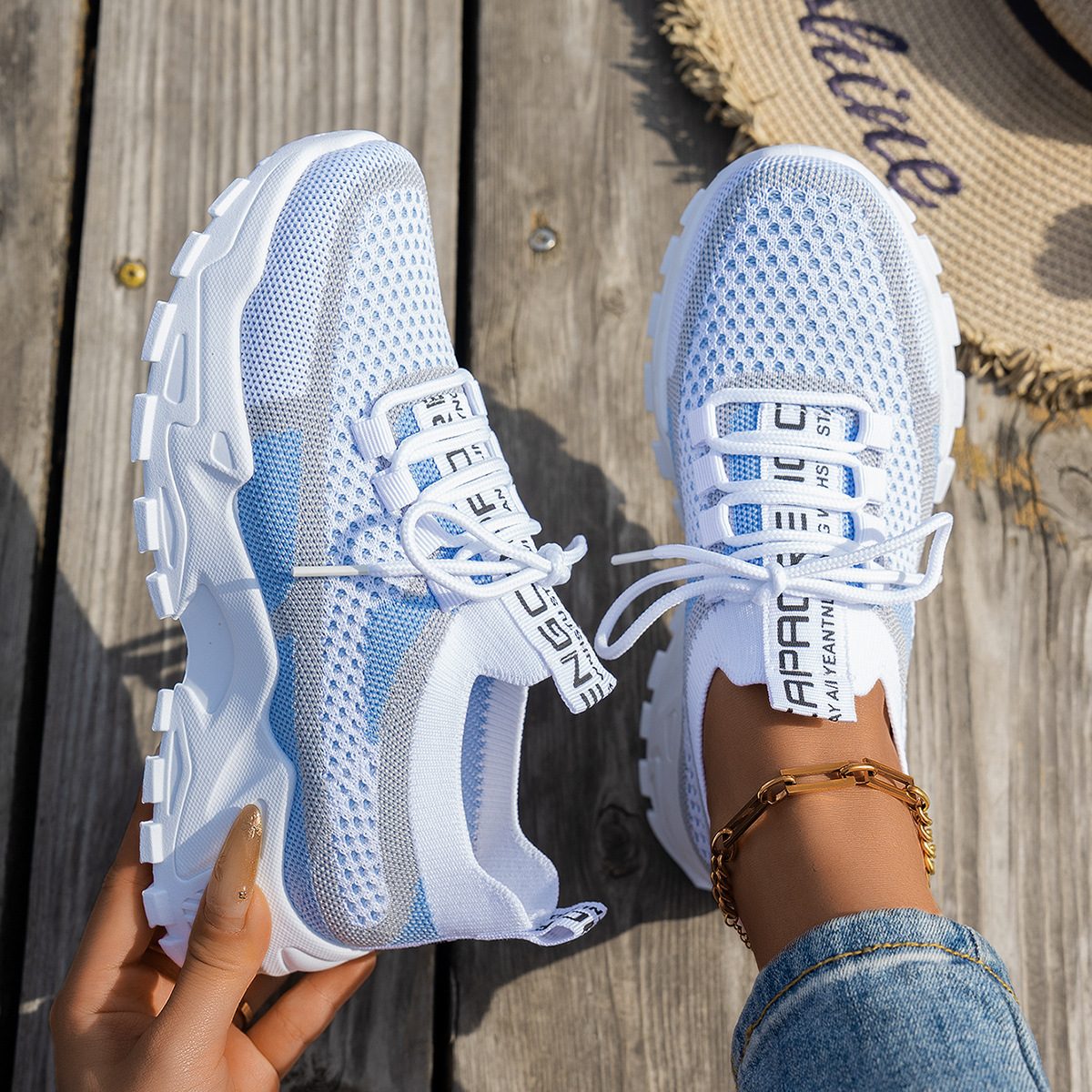 Flyknit Mesh Shoes Women's Breathable Lace-up Sneakers Walking Running Casual Shoes – White Blue Gray