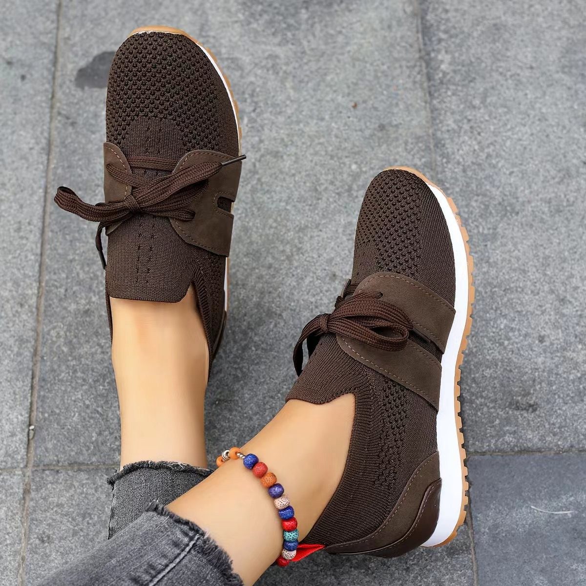 New Lace Up Mesh Flats Shoes For Women Breathable Casual Breathable Walking Wedges Shoes – Dark Brown